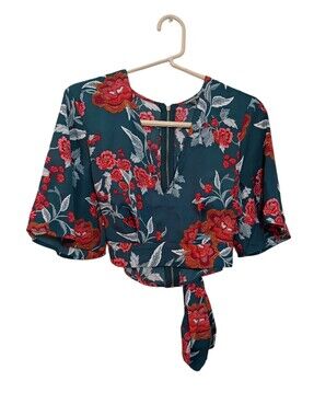 Floral Crop Top Tie Back Green Red Floral Flowers Bell Sleeves Size Medium Boho